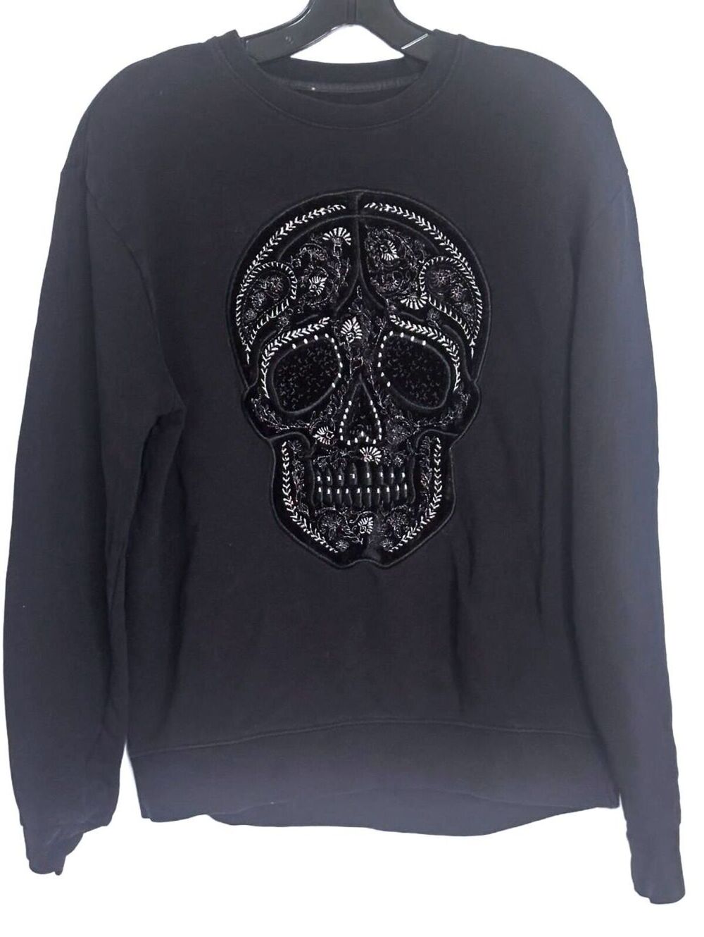 Zara Mens Limited Edition Black Embroidered Skull Crewneck Sweatshirt Gothic - L